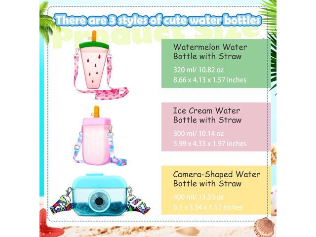 3 Pieces Cute Water Bottles with Straws Creative Kawaii Camera Shaped Ice Cream Bar Watermelon Adjustable Strap Plastic Water Bottle for Travel...