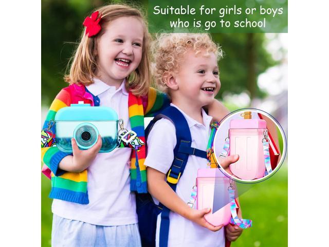 3 Pieces Cute Water Bottles with Straws Creative Kawaii Camera Shaped Ice Cream Bar Watermelon Adjustable Strap Plastic Water Bottle for Travel...