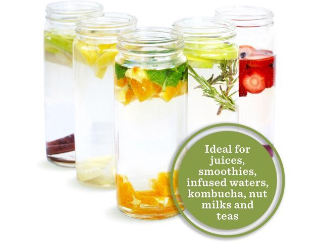 All About Juicing Clear Glass Water Bottles Set - 6 Pack Wide Mouth with Lids for Juice, Smoothies, Beverage Storage - 16 oz, Durable, Reusable,...