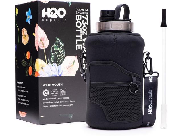 H2O Capsule 2.2L Half Gallon Wide Mouth Water Bottle with Storage Sleeve and Removable Straw - Hydration Tracker Jug with Measurements Marked ...