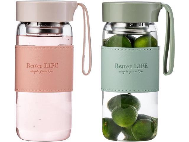 Glass Tea Bottle 16 oz Drinking Bottle with Non-Slip Holster, and Stainless Tea leak, Leak Proof Lid, Portable Glass Water Bottle for School,...
