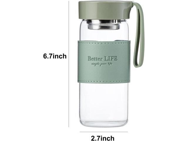 Glass Tea Bottle 16 oz Drinking Bottle with Non-Slip Holster, and Stainless Tea leak, Leak Proof Lid, Portable Glass Water Bottle for School,...
