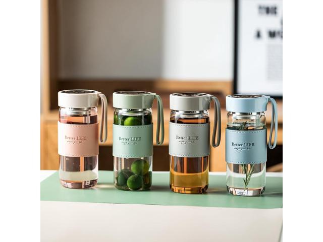 Glass Tea Bottle 16 oz Drinking Bottle with Non-Slip Holster, and Stainless Tea leak, Leak Proof Lid, Portable Glass Water Bottle for School,...