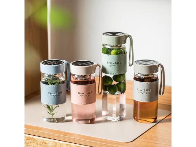 Glass Tea Bottle 16 oz Drinking Bottle with Non-Slip Holster, and Stainless Tea leak, Leak Proof Lid, Portable Glass Water Bottle for School,...