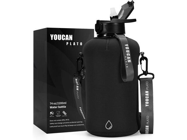 YOUCAN PLATO 74 oz Half Gallon Water Bottle with Sleeve-Large Water Bottle -Big Gym Water Bottle for Man or Women with Straw- Gallon Water Jug with...