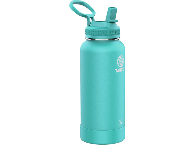 Takeya Pickleball Stainless Steel Insulated Water Bottle with Choice of Lid and Carry Handle, 32 Ounce, Dropshot Teal