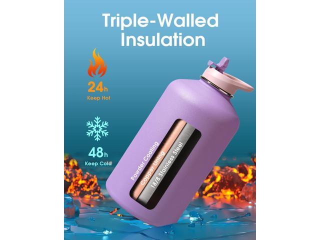 Coolflask Gallon Water Bottle Insulated with PU Leather Sleeve, 128 oz Water Bottle Color Contrast with Straw Lids, Stainless Steel Metal Large...