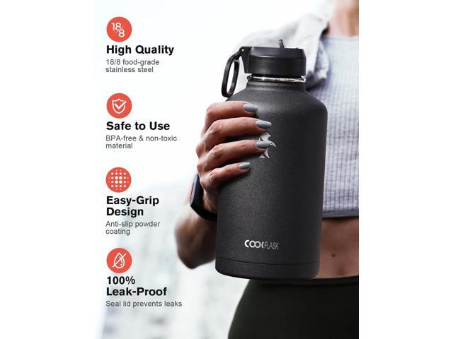 64 oz Water Bottle Insulated with Straw & 3 Lids, Coolflask Large Metal Stainless Steel Water Jug Big Half Gallon Wide Mouth for Sports, Gym or...