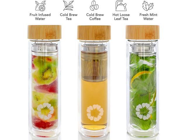 Teabloom All-Beverage Tumbler 15 oz / 450 ml Tempered Glass Travel Bottle Hot and Cold Tea Infuser Cold-Brew Coffee Fruit-Infused Water Tea...