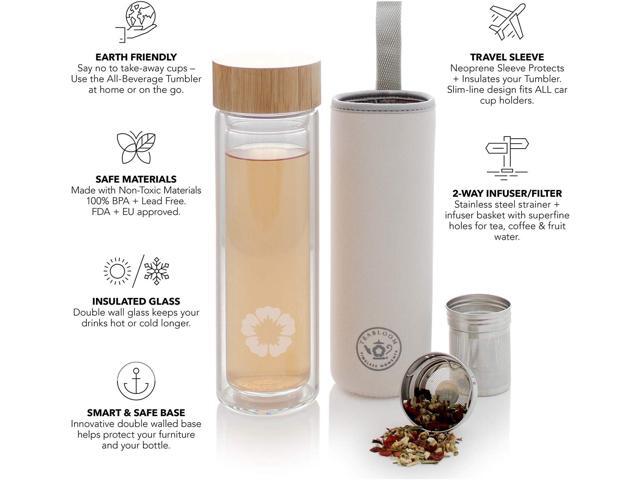 Teabloom All-Beverage Tumbler 15 oz / 450 ml Tempered Glass Travel Bottle Hot and Cold Tea Infuser Cold-Brew Coffee Fruit-Infused Water Tea...