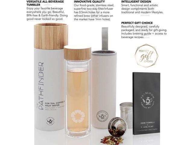 Teabloom All-Beverage Tumbler 15 oz / 450 ml Tempered Glass Travel Bottle Hot and Cold Tea Infuser Cold-Brew Coffee Fruit-Infused Water Tea...