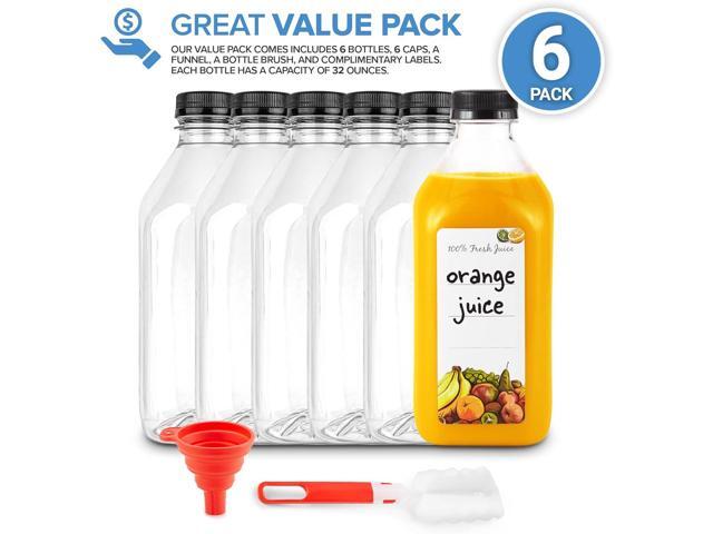 32 Oz Juice Bottles with Caps (6 Pack) - Reusable Clear Plastic Drink Containers for Mini Fridge - Water Bottles Bulk - Includes Labels, Brush &...