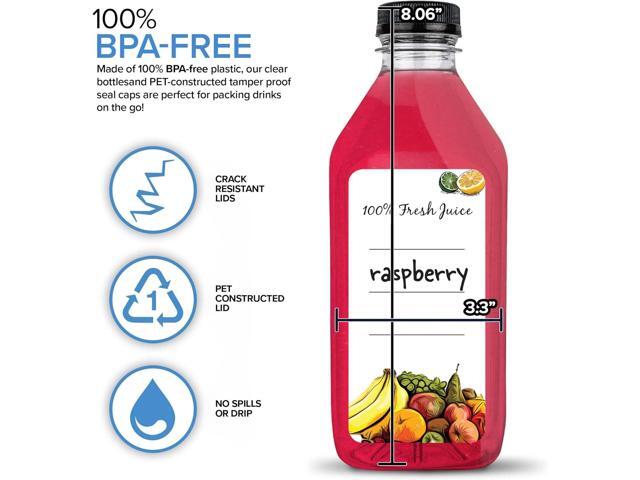 32 Oz Juice Bottles with Caps (6 Pack) - Reusable Clear Plastic Drink Containers for Mini Fridge - Water Bottles Bulk - Includes Labels, Brush &...