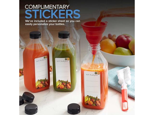 32 Oz Juice Bottles with Caps (6 Pack) - Reusable Clear Plastic Drink Containers for Mini Fridge - Water Bottles Bulk - Includes Labels, Brush &...