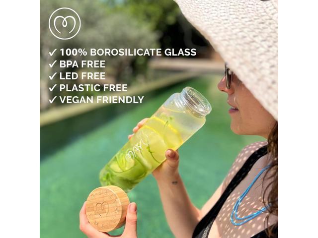 mayu Water Bottle with Bamboo Lid, Eco Friendly & BPA Free, Plastic Free Borosilicate Glass Bottle - Zero Leak Design - for Outdoor Picnic,...