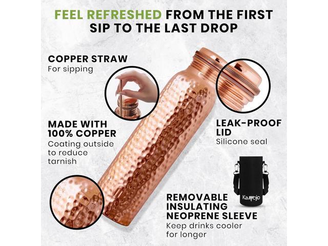Copper Water Bottle for Drinking - Hammered 100% Pure Copper Tumbler with Leak Proof Lid, Removable Insulating Sleeve & Straw - Handcrafted...