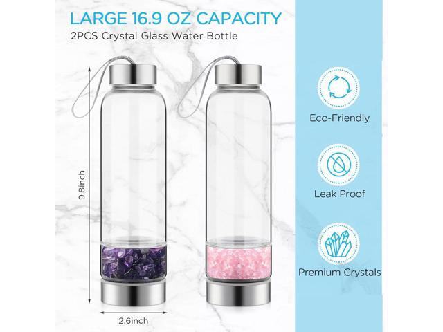 meekoo 2 Pieces Crystal Glass Water Bottle with Gemstone Center Natural Amethyst and Rose Quartz Clear Water Bottle Quartz Crystal Cup Energy Cup...