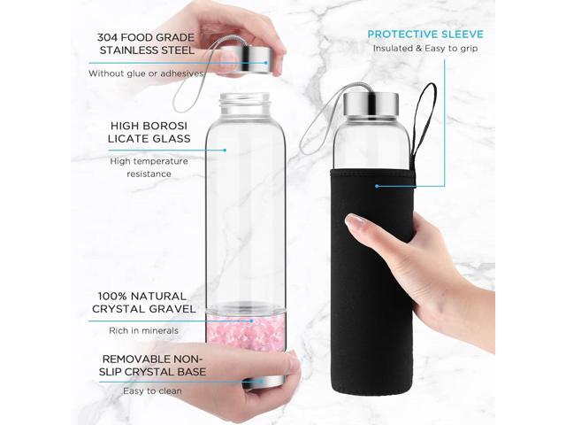 meekoo 2 Pieces Crystal Glass Water Bottle with Gemstone Center Natural Amethyst and Rose Quartz Clear Water Bottle Quartz Crystal Cup Energy Cup...