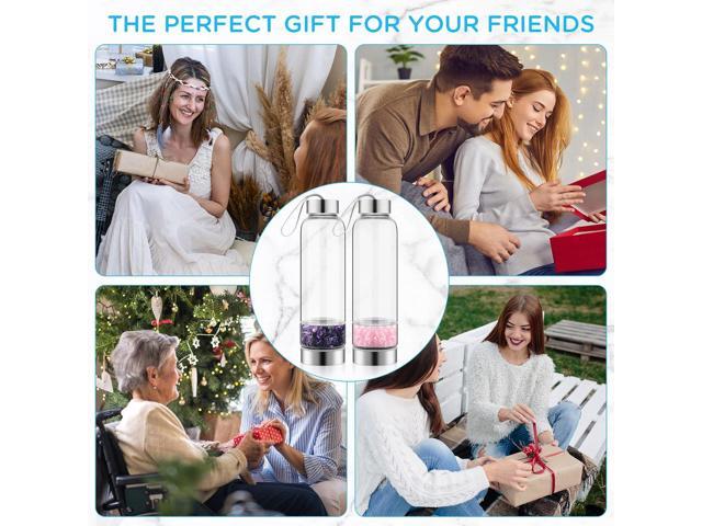 meekoo 2 Pieces Crystal Glass Water Bottle with Gemstone Center Natural Amethyst and Rose Quartz Clear Water Bottle Quartz Crystal Cup Energy Cup...