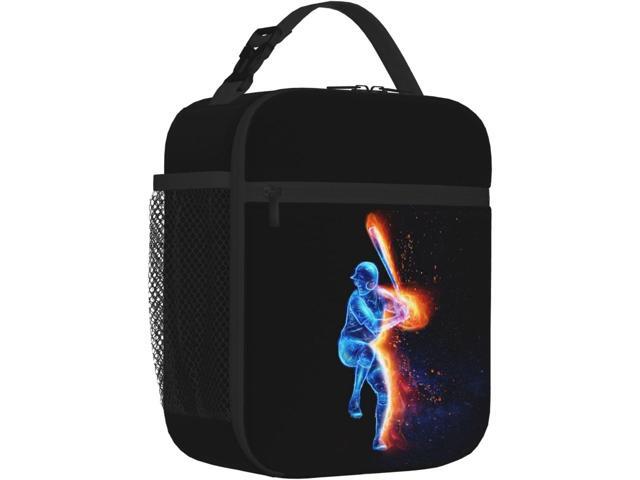 Boys Insulated Lunch Box with a Blue Baseball Player Pattern Print, Sports-themed Lunch Bags with Water Bottle Holder for Adults Kids Teens,...