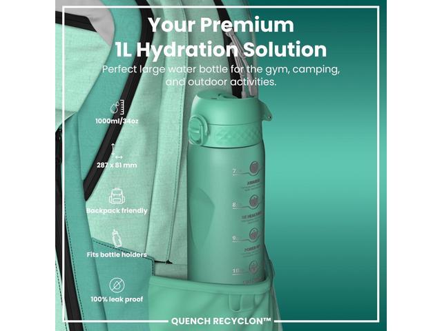 Ion8 1 Litre Water Bottle with Times to Drink, Leak Proof, Flip Lid, Carry Handle, Dishwasher Safe, BPA Free, Soft Touch Contoured Grip, Ideal for...
