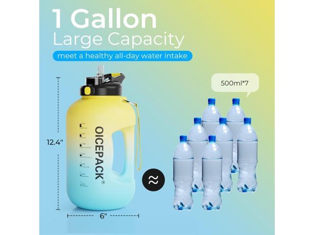 1 Gallon Water Bottle with Straw & Chug lid (optional), BPA Free 128oz Large Water Bottle with Motivational Time Marker and Handle Leak-proof Big Jug