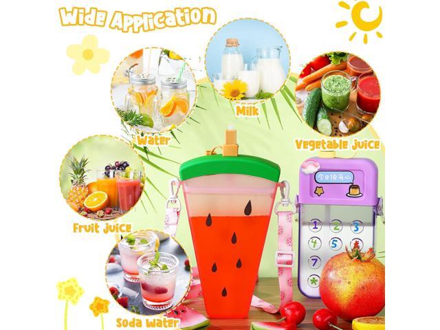 Queekay 6 Pcs Water Bottles with Straws for Kids Watermelon Adjustable Strap Leakproof Plastic Watermelon Ice Cream Camera Bread Biscuits Shaped...