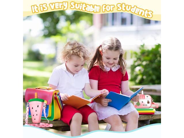Queekay 6 Pcs Water Bottles with Straws for Kids Watermelon Adjustable Strap Leakproof Plastic Watermelon Ice Cream Camera Bread Biscuits Shaped...