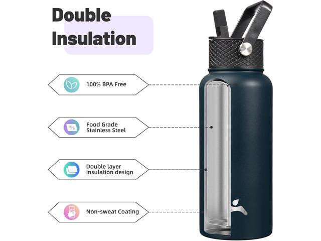 32 oz Insulated Water Bottle Stainless Steel Sport Bottles with 3 Lids,Navy Blue