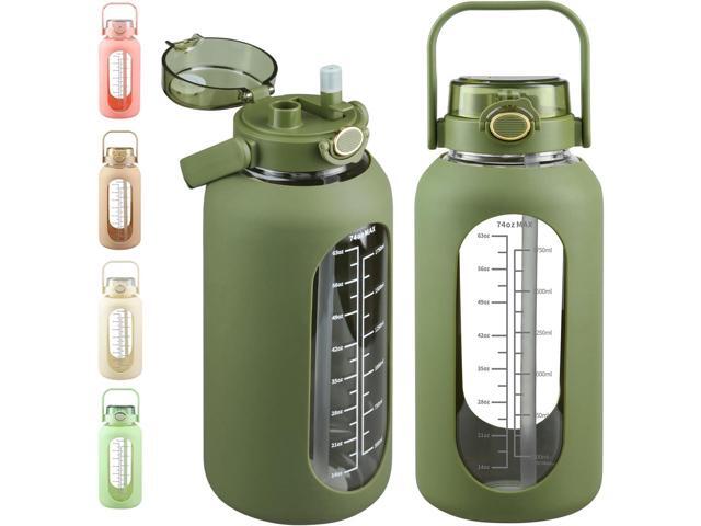 SIEROZUR 74oz Glass Water Bottle with Straw and Lid Large Gallon Water Jug with Silicone Sleeve and Handle 2.2 liter Wide Mouth Bottle with Time...