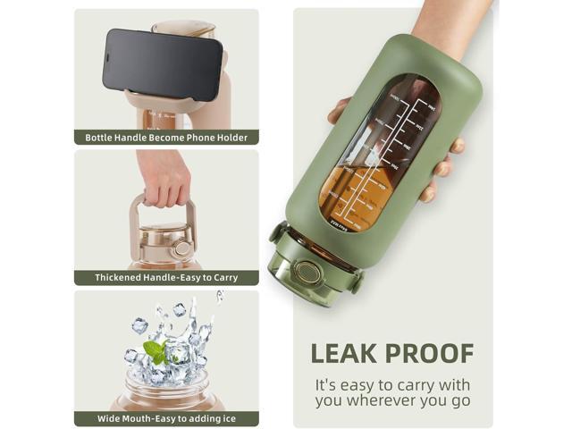 SIEROZUR 74oz Glass Water Bottle with Straw and Lid Large Gallon Water Jug with Silicone Sleeve and Handle 2.2 liter Wide Mouth Bottle with Time...