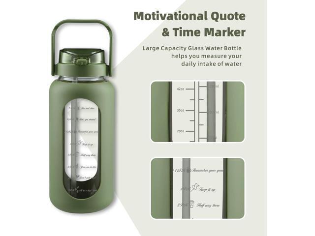 SIEROZUR 74oz Glass Water Bottle with Straw and Lid Large Gallon Water Jug with Silicone Sleeve and Handle 2.2 liter Wide Mouth Bottle with Time...