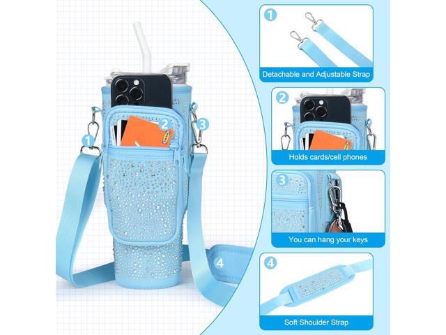 Bling Diamond Water Bottle Carrier Bag with Phone Pocket for Stanley 40/30 oz Tumbler with Card Holder,Neoprene Water Bottle Holder Pouch with...