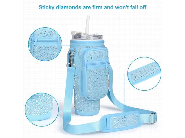 Bling Diamond Water Bottle Carrier Bag with Phone Pocket for Stanley 40/30 oz Tumbler with Card Holder,Neoprene Water Bottle Holder Pouch with...