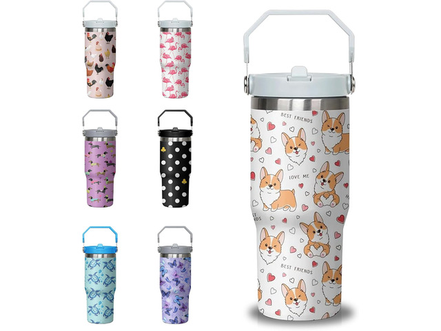 30 oz Corgi Coffee Tumbler with Handle and Straw, Dog Lovers Stainless Steel Insulated Cup with Flip Straw,Travel Coffee Mug Water Bottle,Christmas...