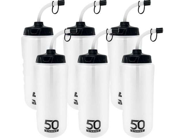 50 Strong 1 Liter BPA-Free Plastic Round Sports Water Bottle with Straw - 6 Pack