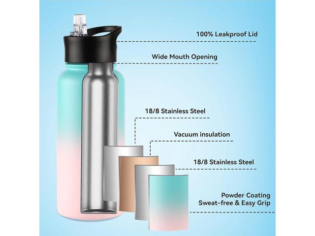 VEGOND 32 oz Insulated Water Bottle Bulk Stainless Steel Metal Water Bottles with Leak Proof Straw Lid & Spout Lid, Wide Mouth Double Walled Vacuum...