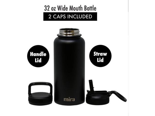 MIRA 32 oz Insulated Water Bottle - Stainless Steel Sports Flask with 2 Lids (Straw & Handle) - Cold Drink Thermos - Black