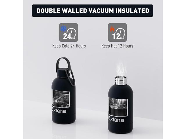Small Water Bottles 12 oz with Handle Lid and Carabiner, Mini Insulated Water Bottle Double Wall Vacuum Leakproof for Kids/Adults (Black)