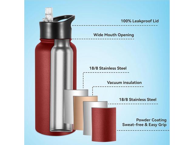 VEGOND 32 oz Insulated Water Bottle Bulk Stainless Steel Metal Water Bottles with Leak Proof Straw Lid & Spout Lid, Wide Mouth Double Walled Vacuum...