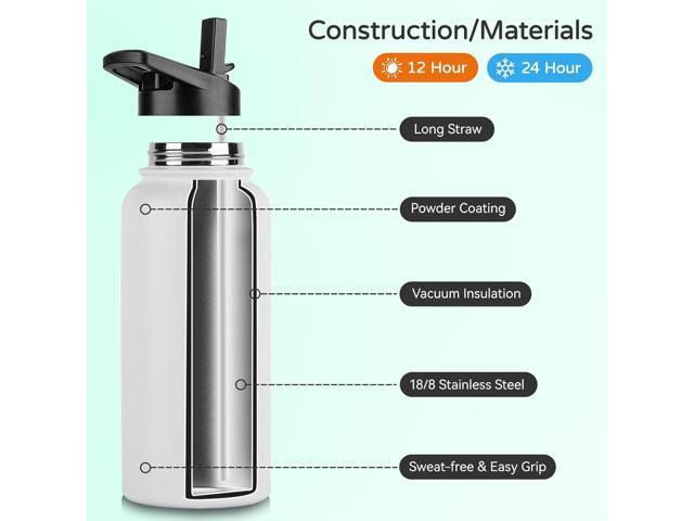 DOMICARE 32 oz Insulated Water Bottle Bulk, Vacuum Insulated Stainless Steel Sports Water Bottle with Straw Lid & Spout Lid, Leakproof, Reusable -...
