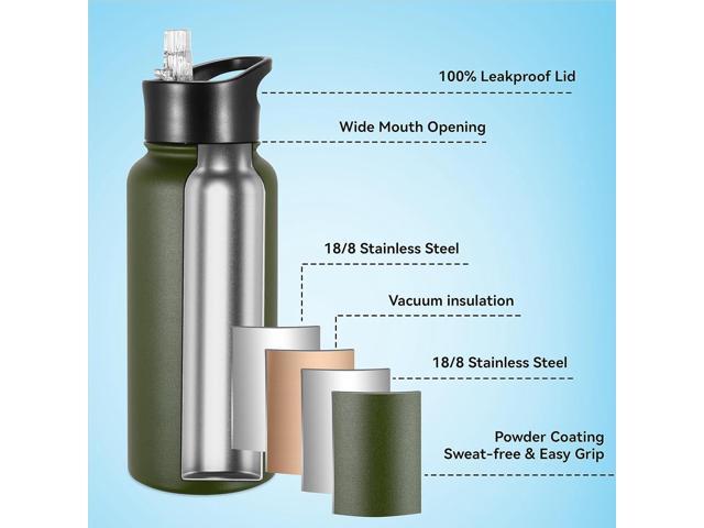 VEGOND 32 oz Insulated Water Bottle Bulk Stainless Steel Metal Water Bottles with Leak Proof Straw Lid & Spout Lid, Wide Mouth Double Walled Vacuum...