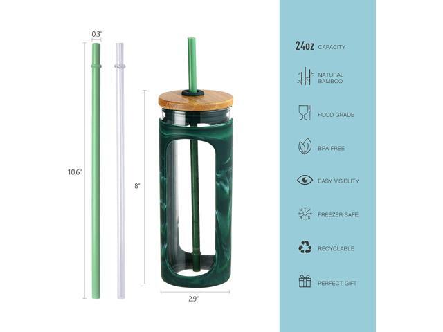 Kodrine 20oz Glass Tumbler with Straw and Lid, Iced Coffee Cups with Bamboo Lids, Glass Cups for Cold Drinks, Smoothie Cup with Silicone Sleeve for...