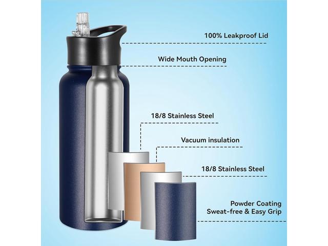 VEGOND 32 oz Insulated Water Bottle Bulk Stainless Steel Metal Water Bottles with Leak Proof Straw Lid & Spout Lid, Wide Mouth Double Walled Vacuum...