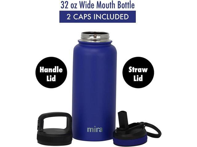MIRA 32 oz Insulated Water Bottle - Stainless Steel Sports Flask with 2 Lids (Straw & Handle) - Cold Drink Thermo - Blue