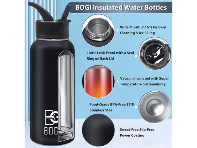BOGI Insulated Water Bottle 32 oz, Double Wall Vacuum Stainless Steel Water Bottle with Straw and 3 Lids, Sweat-Proof Wide Mouth Metal Water Bottle...