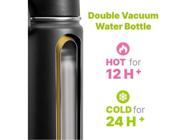 Insulated Water Bottle with Straw-18 oz Stainless Steel Double Wall Vacuum Wide Mouth Water Bottle with Silicone Boot for Travel, Sports (Black)