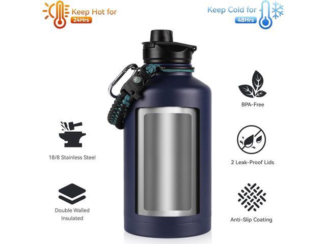 64 oz Insulated Water Bottle with Straw & Spout Lids, Stainless Steel Metal Half Gallon Water Jug with Paracord Handle, Double Wall Vacuum,...