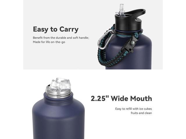 64 oz Insulated Water Bottle with Straw & Spout Lids, Stainless Steel Metal Half Gallon Water Jug with Paracord Handle, Double Wall Vacuum,...