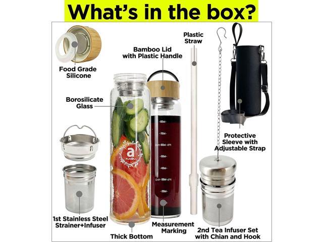 32oz Borosilicate Glass Water Bottle with Bamboo Lid and 2 Tea Infuser Sets for Fruit Infused Water and Cold Brew Coffee - Glass Tea Infuser Bottle...